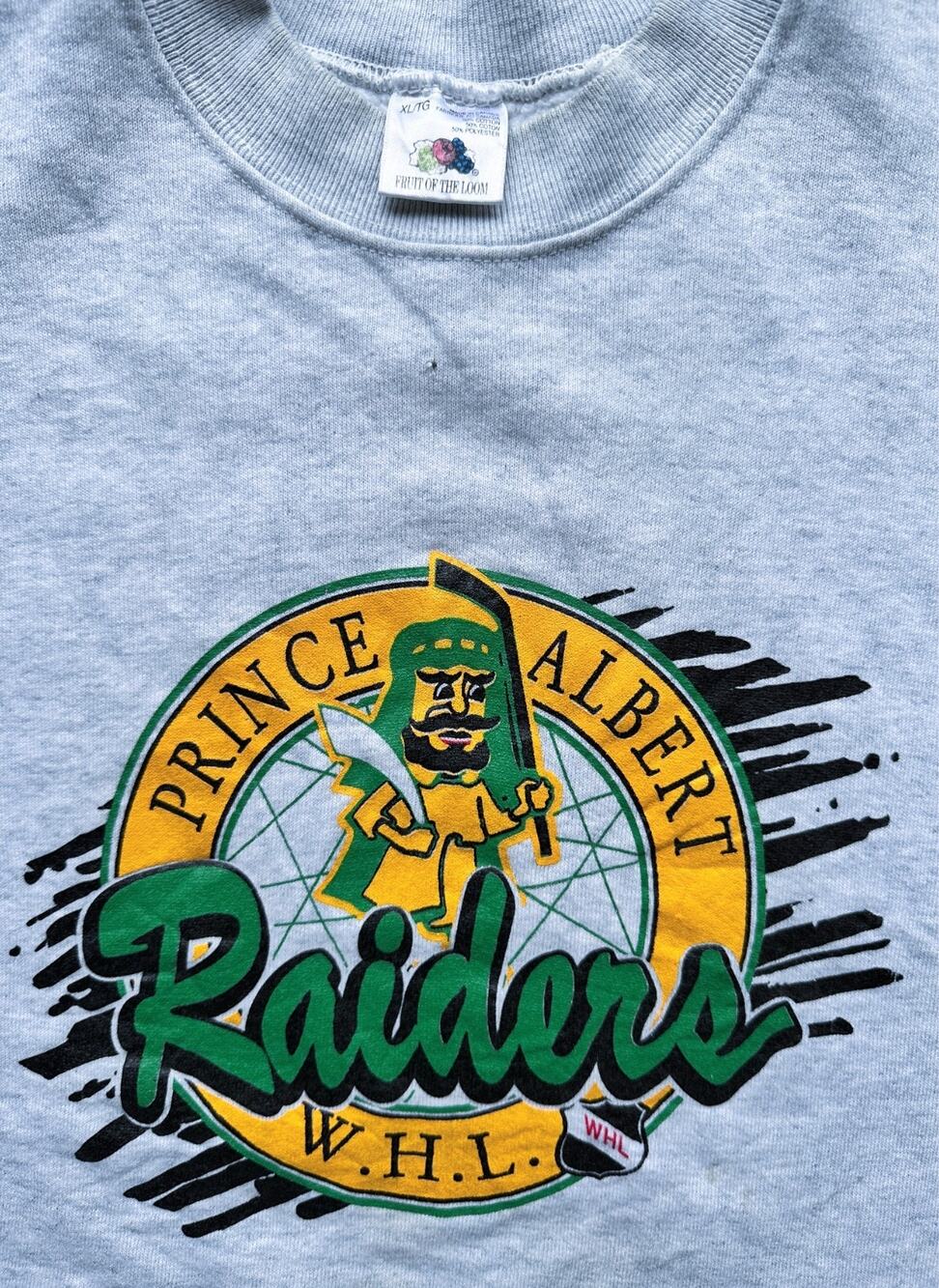 Prince Albert Raiders 90s FRUIT LOOM sweatshirt BANNNED XL gray WHL hockey vtg